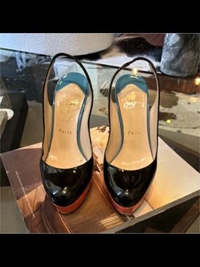 Christian Louboutin Black Patent & Tan Platform Slingback Pumps